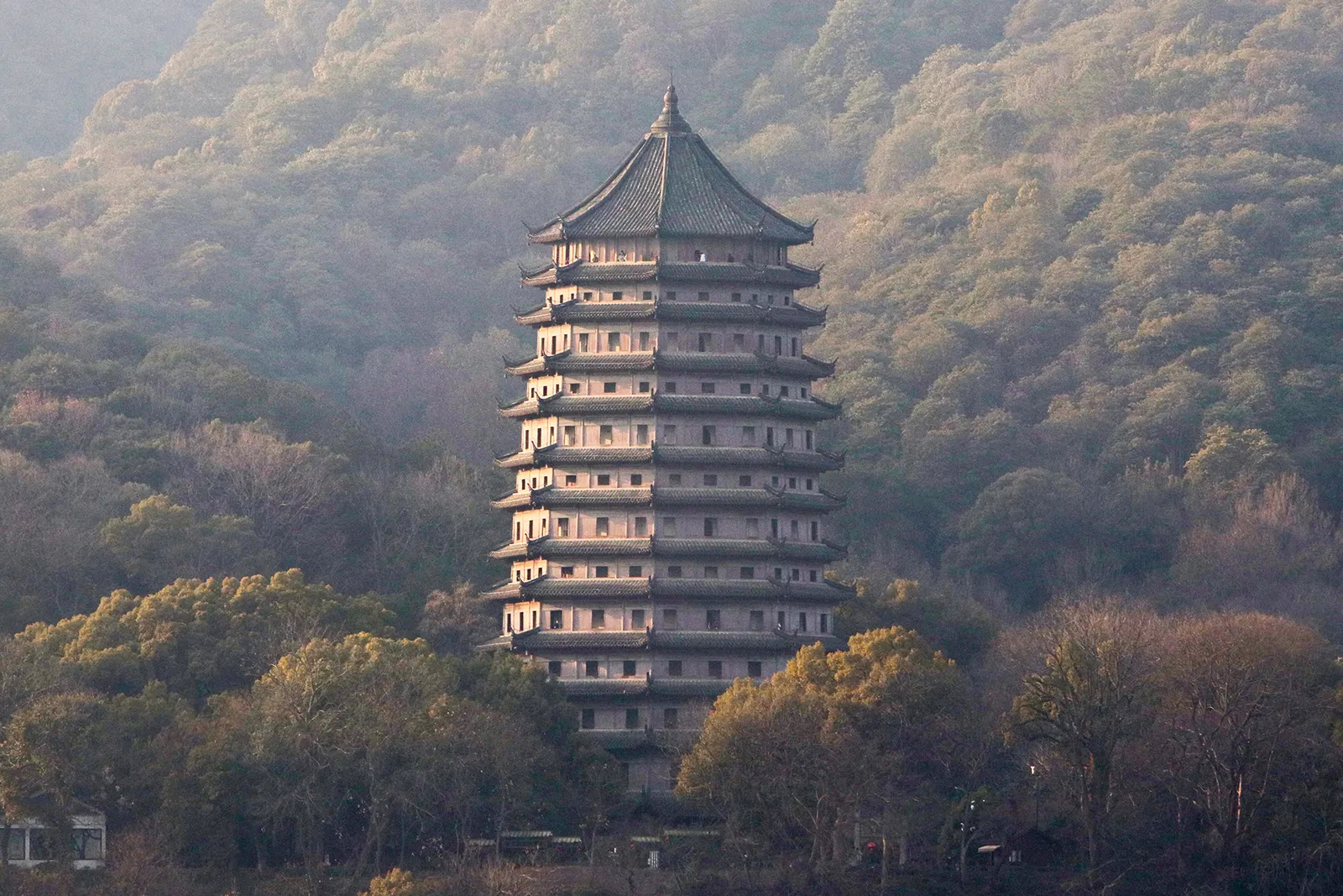 Six Harmonies Pagoda on wooded Yuelun Hill above the Qiantang River