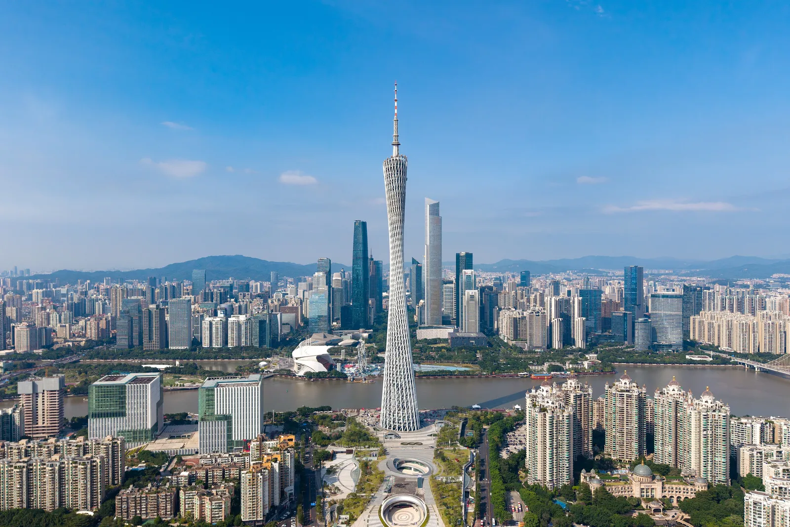 Canton Tower above the Pearl River and Guangzhou skyline