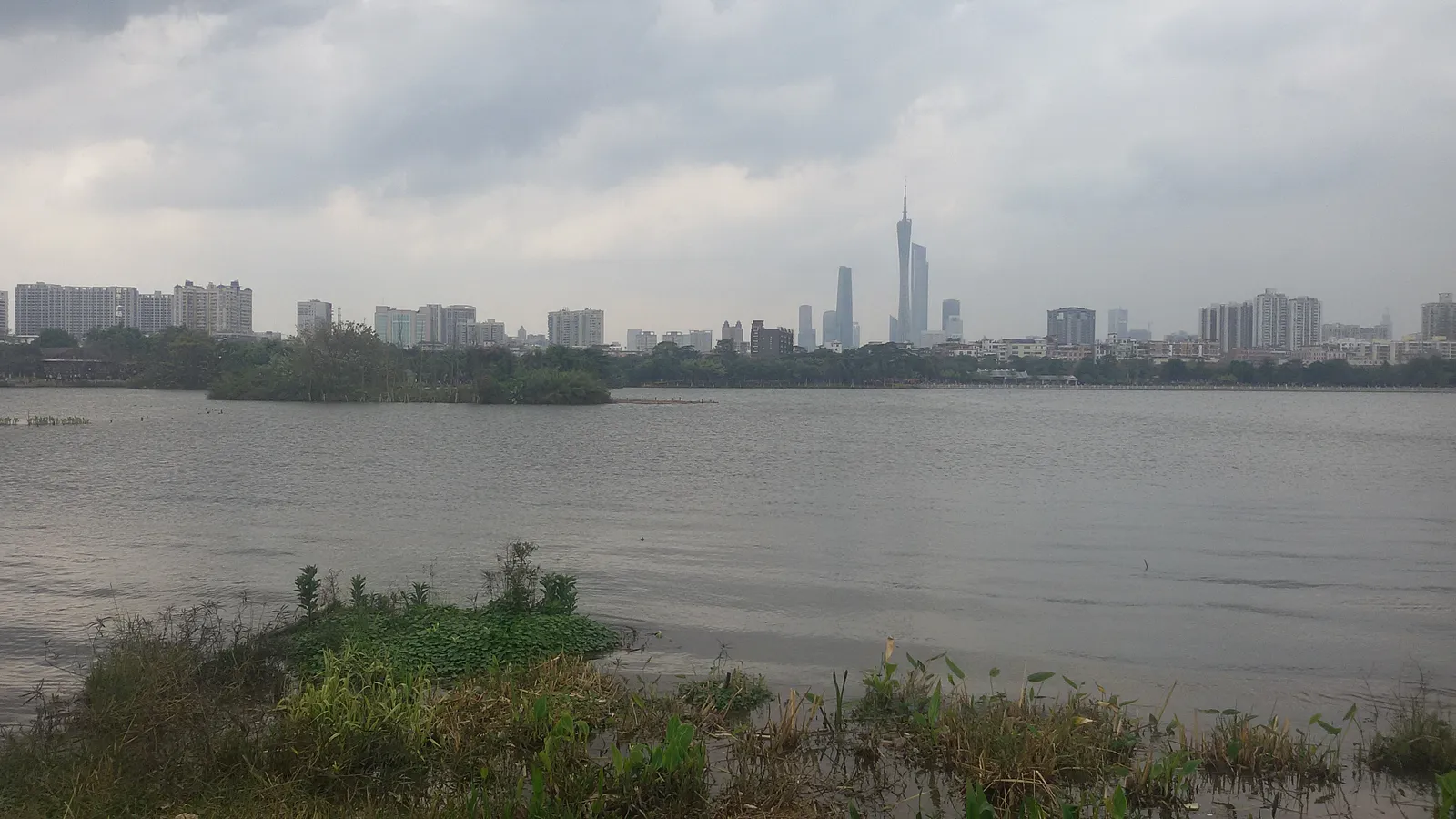 Haizhu Lake in the wetland park, with Canton Tower on the skyline