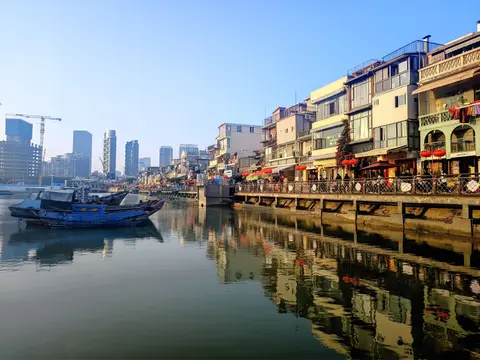 Fishing boats moored in the Shapowei typhoon shelter, Xiamen