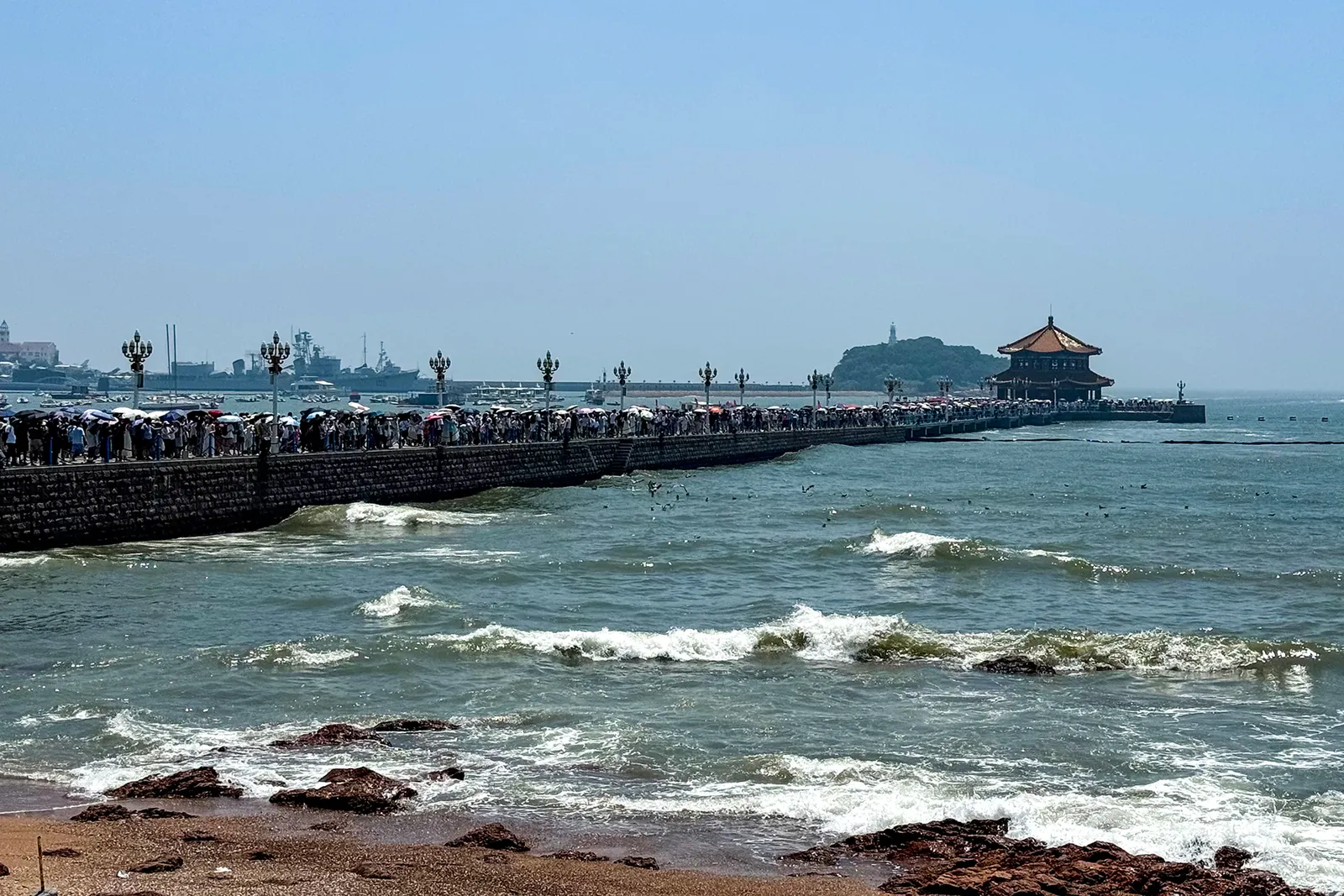 Zhanqiao Pier and the Huilan Pavilion stretching into the sea