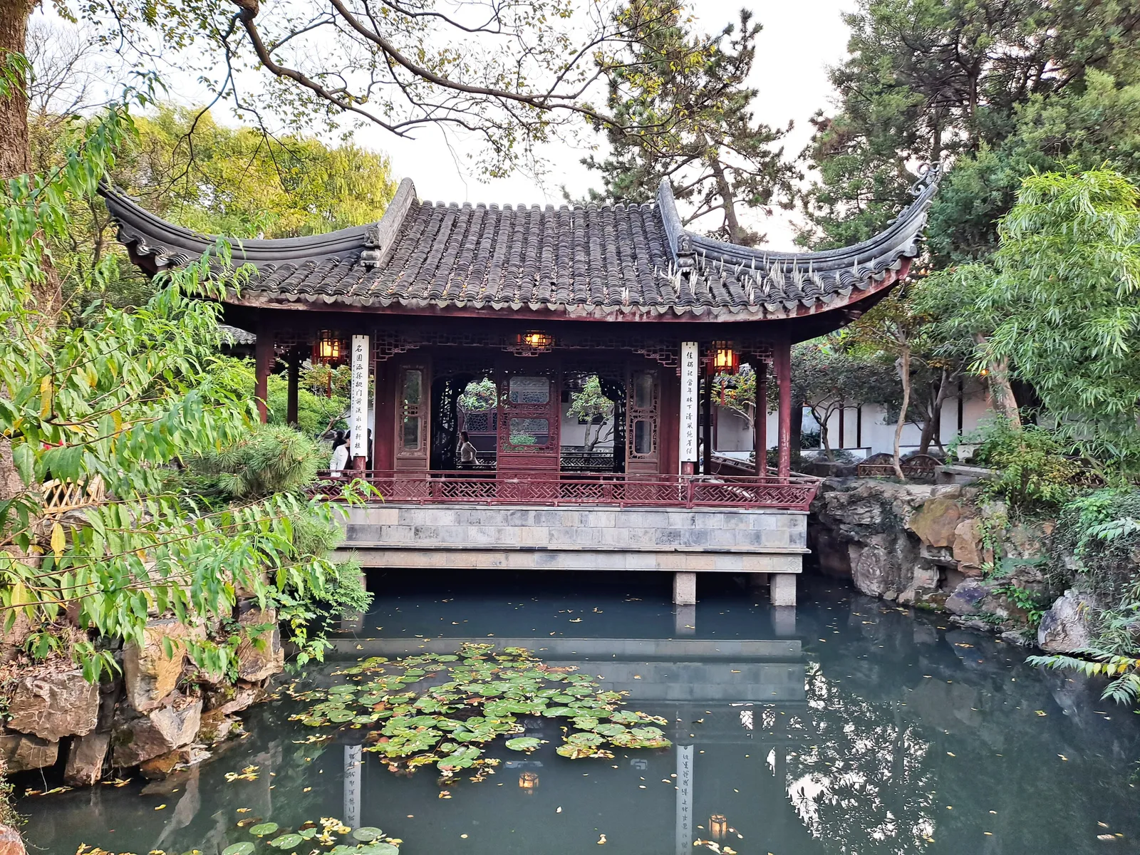 Pavilion over a lily pond in the Couple’s Retreat Garden