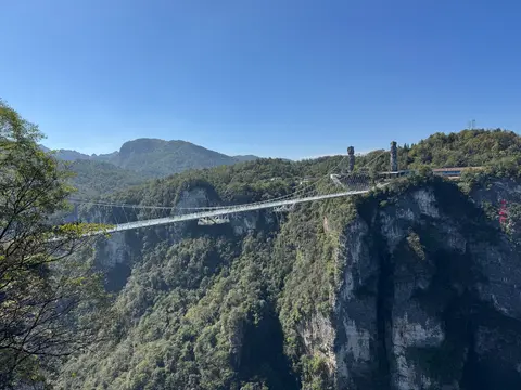 The Grand Canyon Glass Bridge spanning a forested gorge in Zhangjiajie