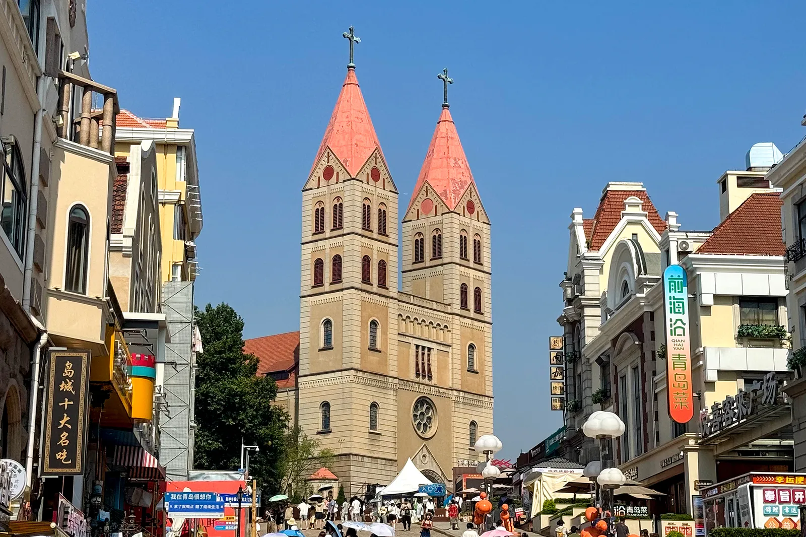 The twin spires of St Michael's Cathedral above old Qingdao streets