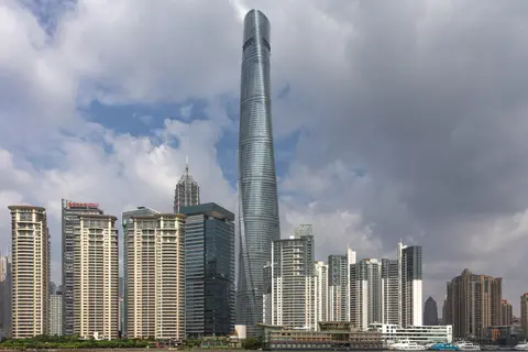 The twisting glass Shanghai Tower rising over Lujiazui