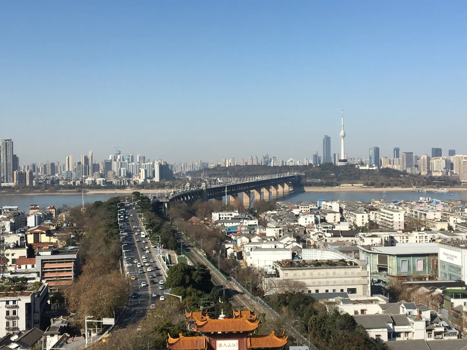 Wuhan Yangtze River Bridge spanning the river, seen from Yellow Crane Tower