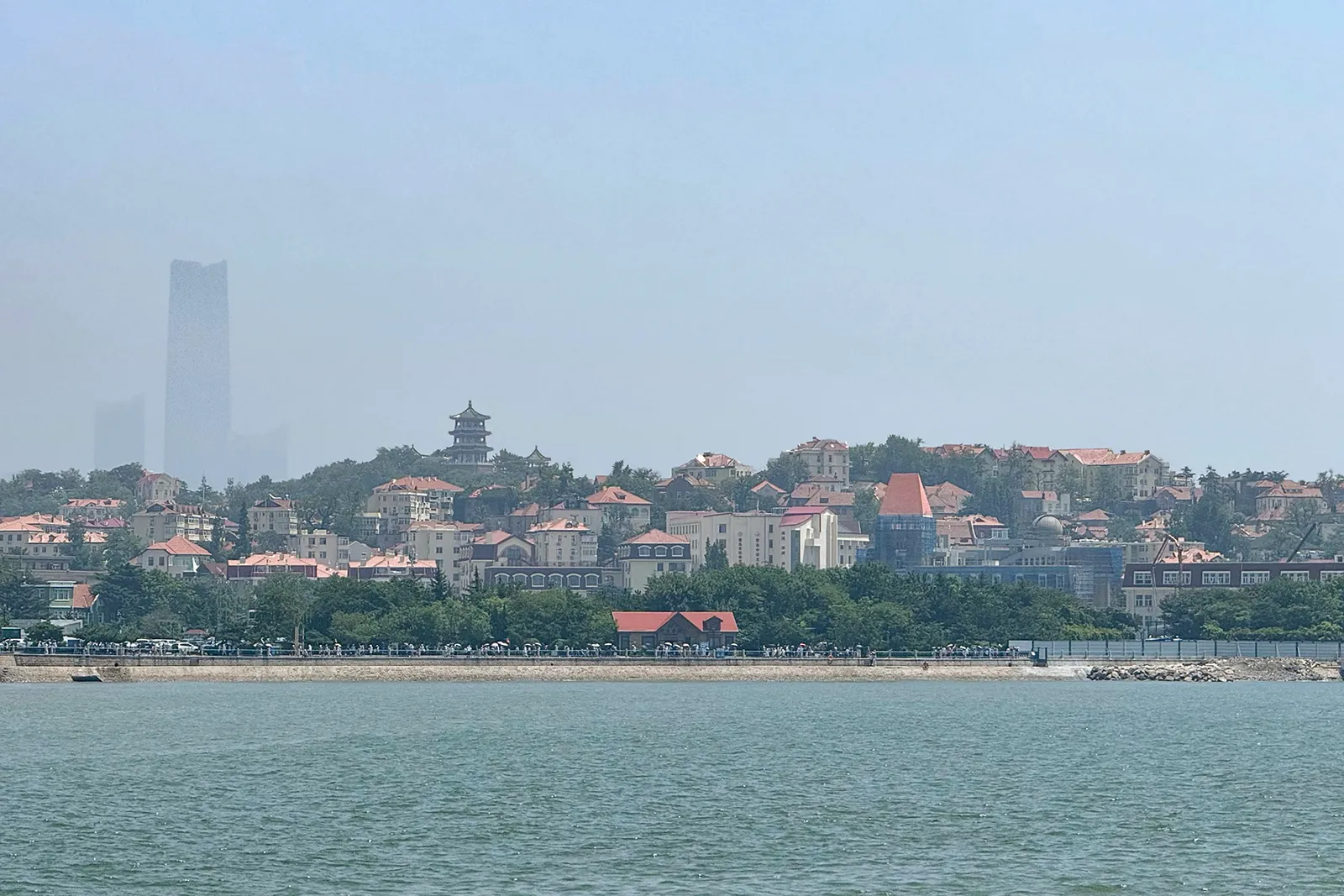 Xiaoyushan hill and its pavilion seen across the bay