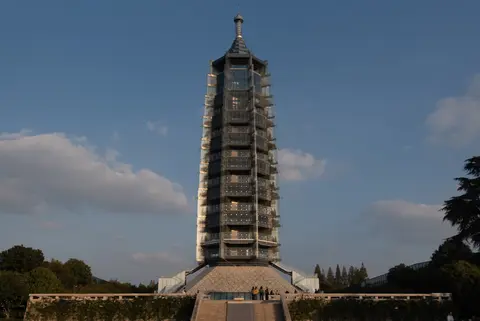 The modern glass-and-steel pagoda over the Porcelain Tower site, Grand Bao’en Temple