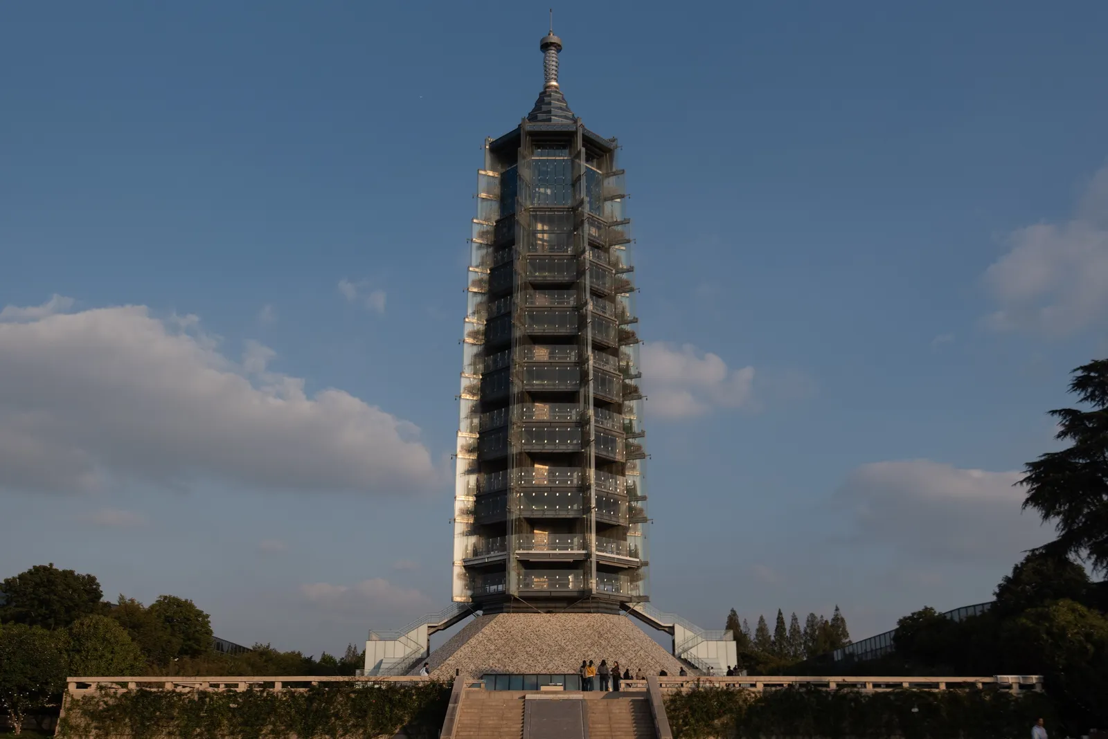 The modern glass-and-steel pagoda over the Porcelain Tower site, Grand Bao’en Temple