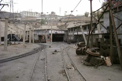 Mine-cart tracks and shaft entrance at the Jinhuagong coal mine, Datong