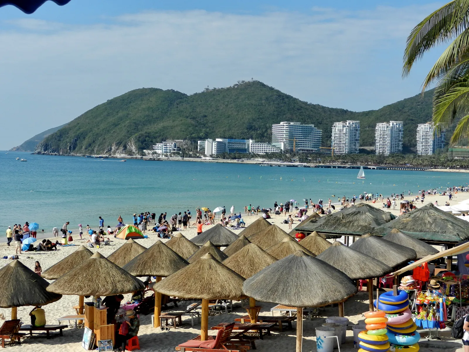Thatched beach umbrellas and green headlands around Dadonghai Bay