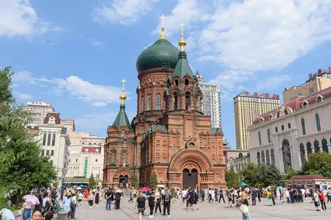 St Sophia Cathedral's green onion dome and brick west facade