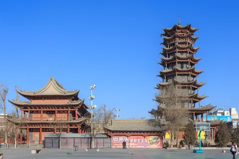 The tall Wooden Pagoda and halls of Wanshou Temple, Zhangye