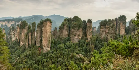Panorama of sandstone peaks including Five Fingers Peak from Huangshizhai