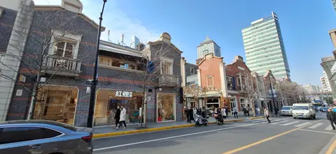 Restored shikumen houses and shops along the street at Zhangyuan