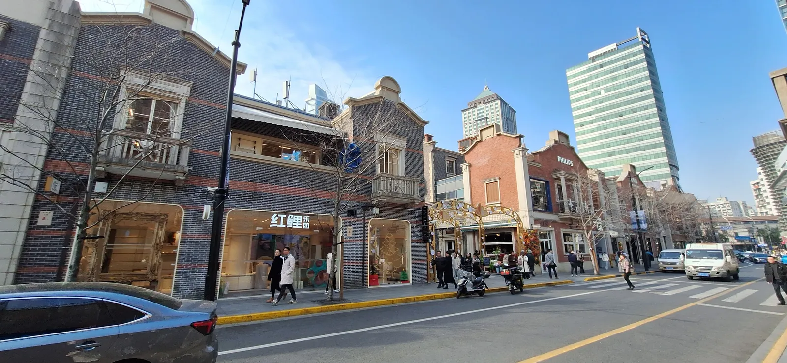 Restored shikumen houses and shops along the street at Zhangyuan