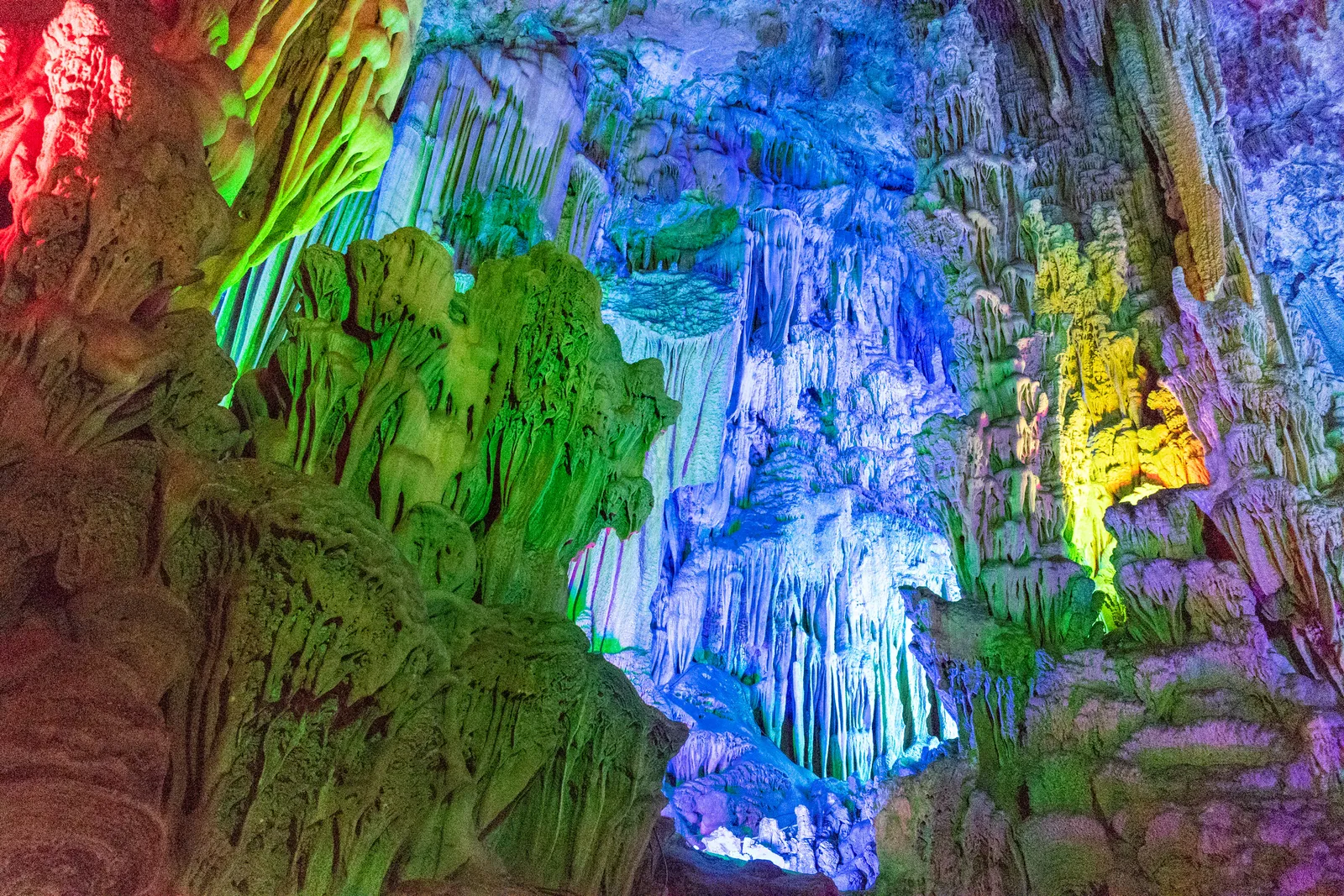 Colourfully lit stalactites inside Reed Flute Cave