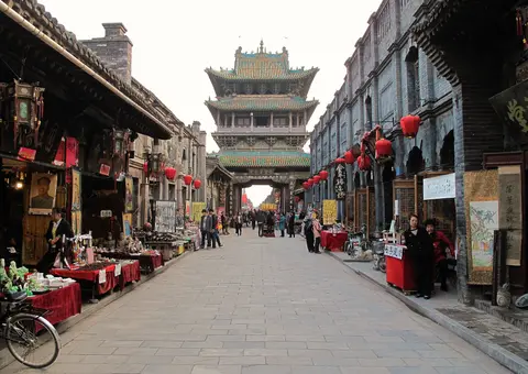The Market Tower (Shi Lou) rising over Pingyao’s Nan Dajie street
