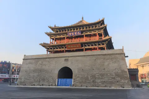 Zhangye Drum Tower (Zhenyuan Tower) on its brick gate platform