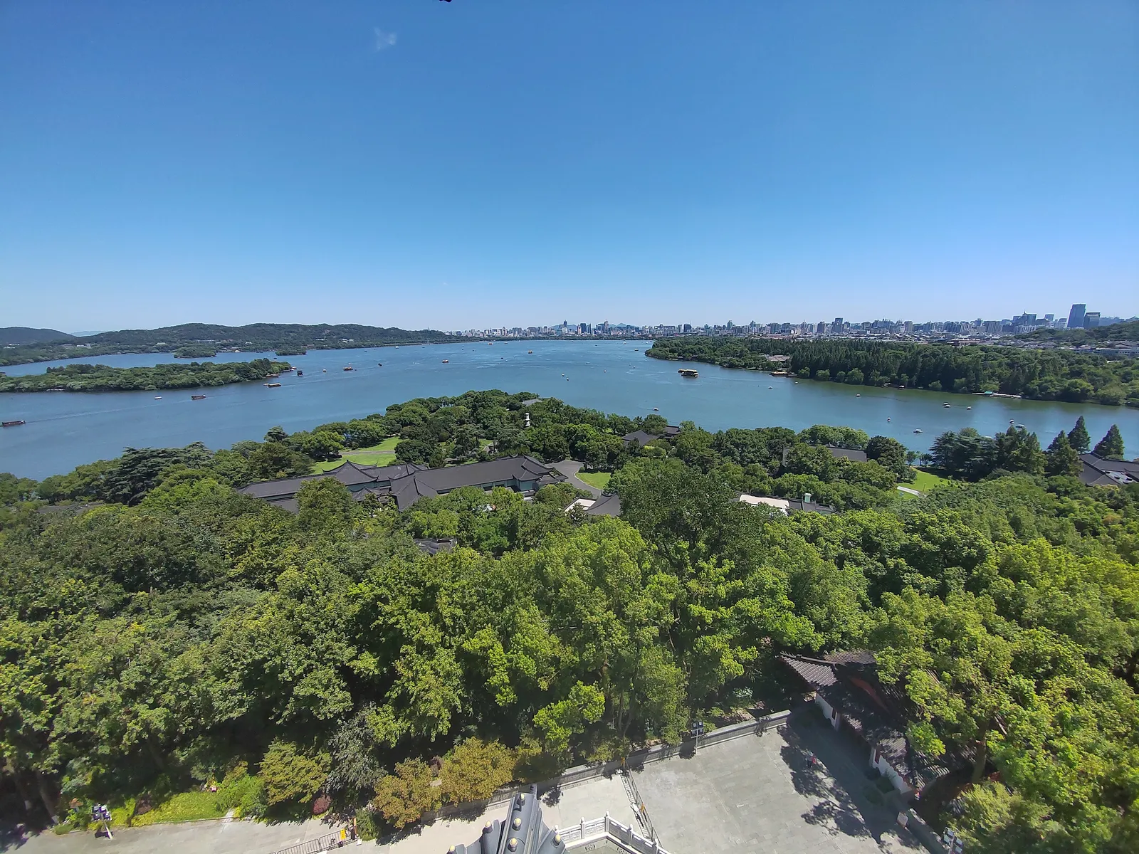 West Lake in Hangzhou seen from the hills, with causeways and islands