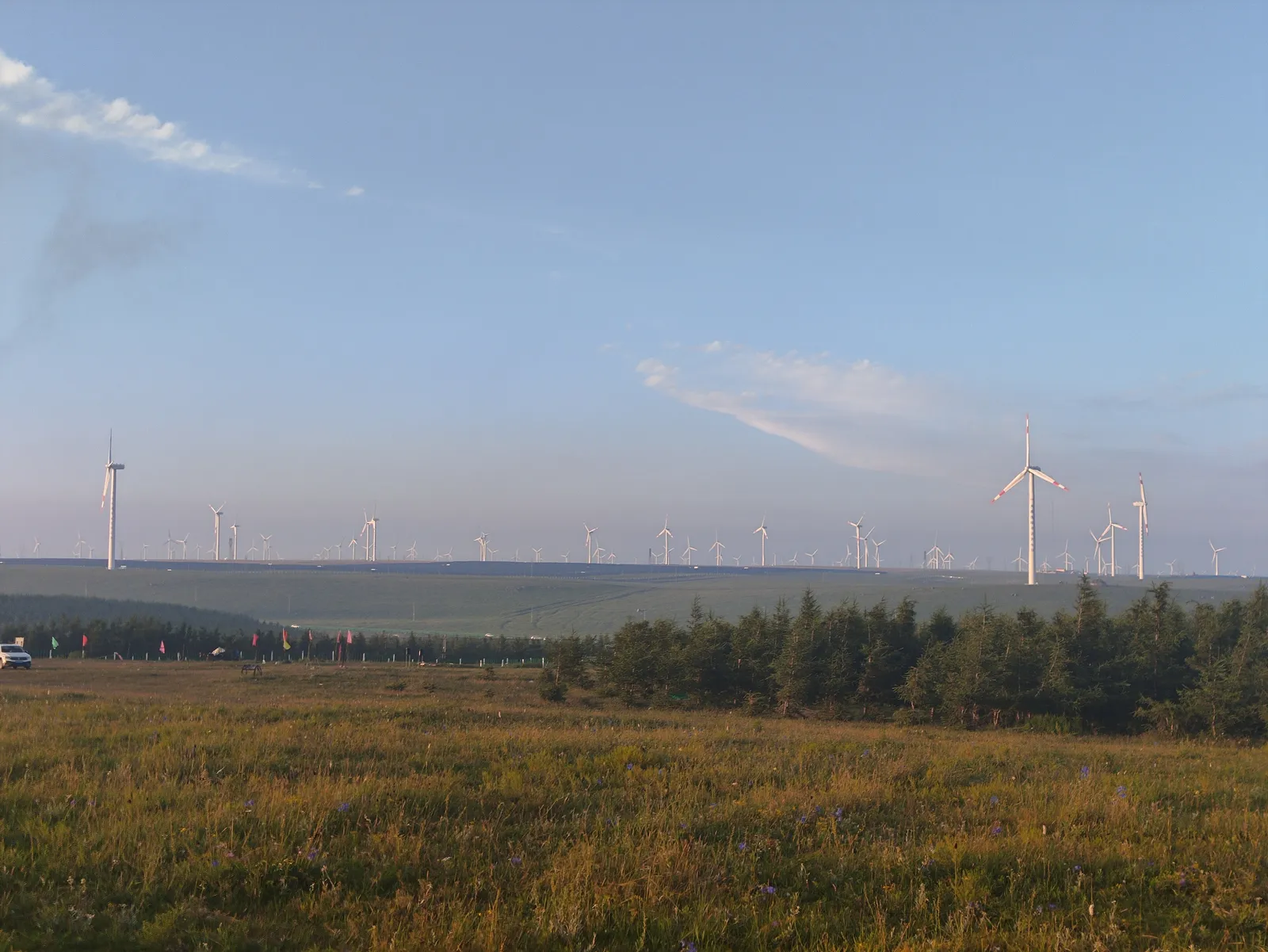 Estepa verde con aerogeneradores en el horizonte en Huitengxile