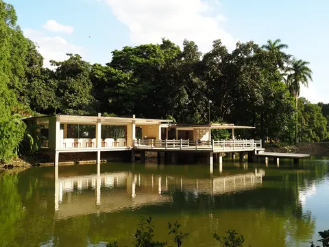 A lakeside pavilion among tropical trees in South China Botanical Garden