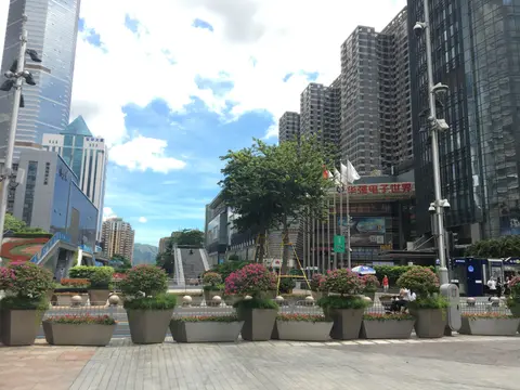 Huaqiangbei pedestrian street with electronics malls and towers