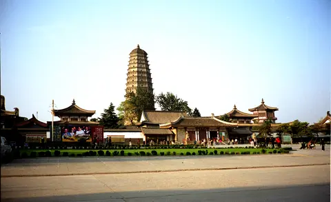 The brick pagoda and temple halls of Famen Temple