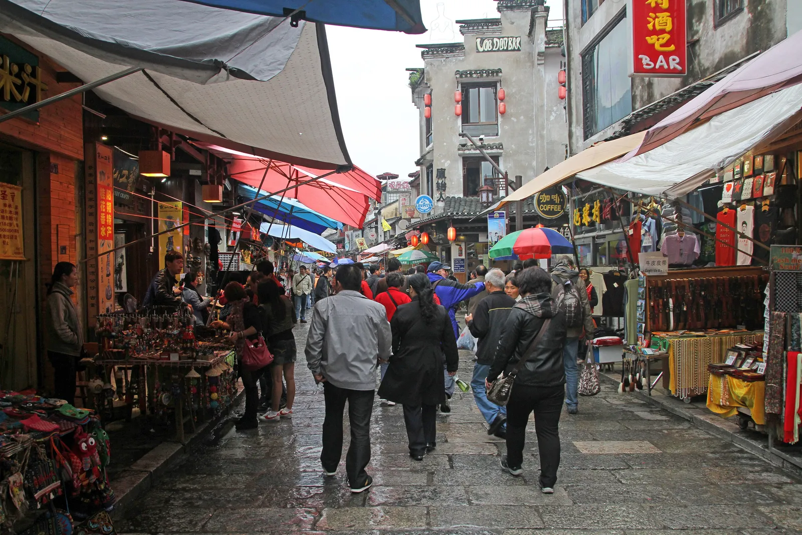 Shops and stone paving along Yangshuo West Street