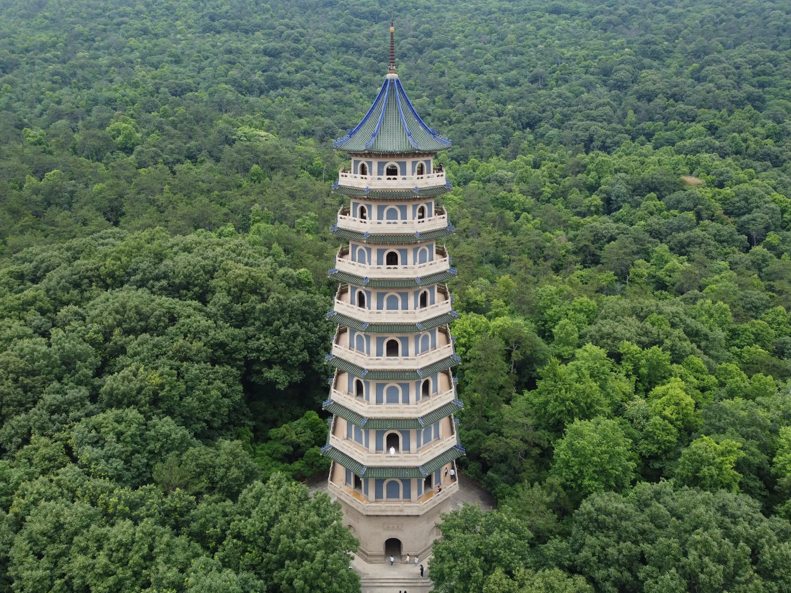 Aerial view of Linggu Pagoda rising from the forest of Purple Mountain