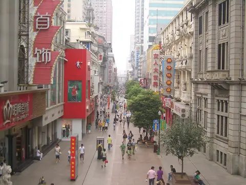 Historic façades and shops along Jianghan Road pedestrian street