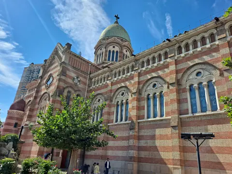 Striped brick walls and green domes of St Joseph’s Cathedral (Xikai Church)