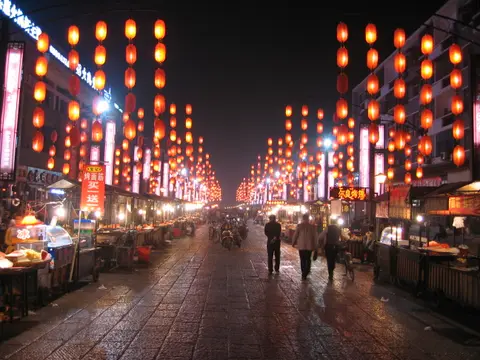 Lantern-lit food stalls at the night market in Luoyang's Old Town