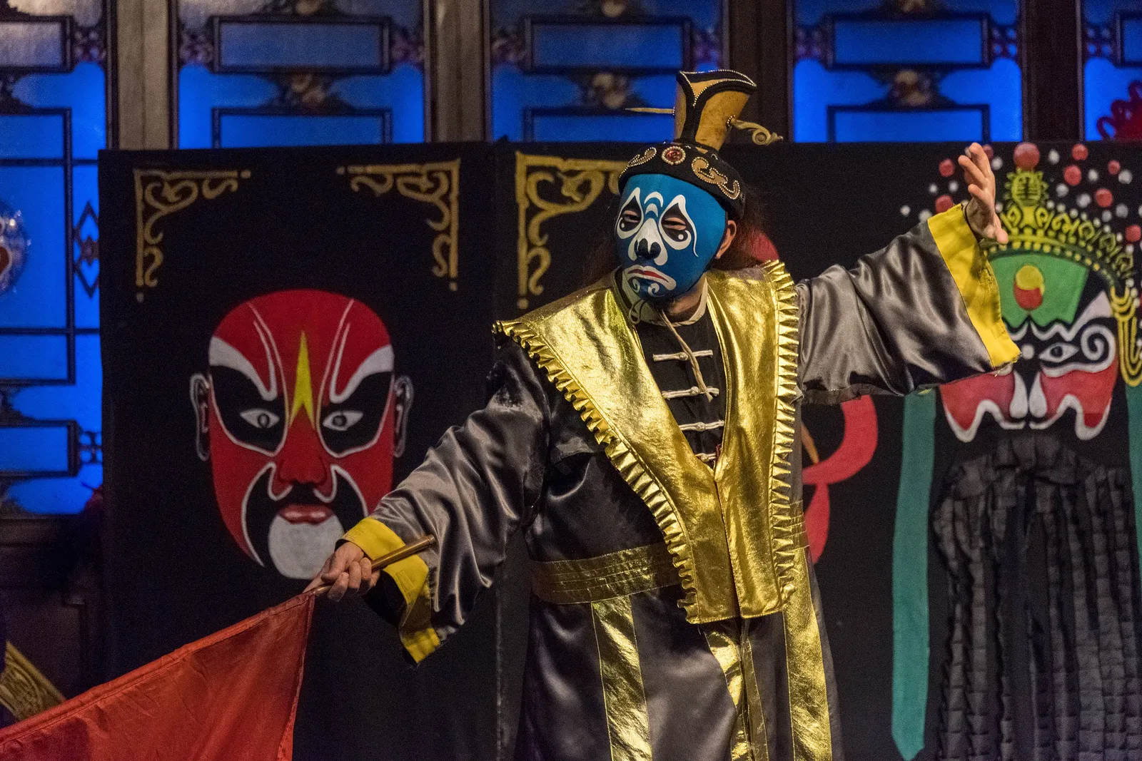 A Sichuan opera face-changing performer on stage in Chengdu