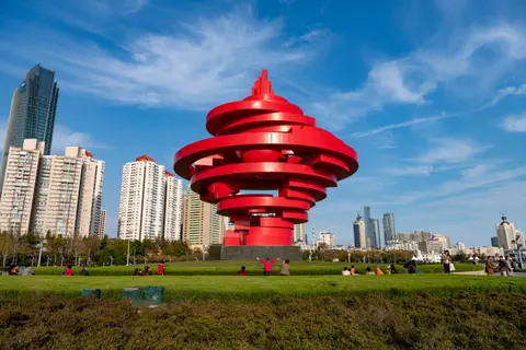 The red spiral "Wind of May" sculpture on May Fourth Square
