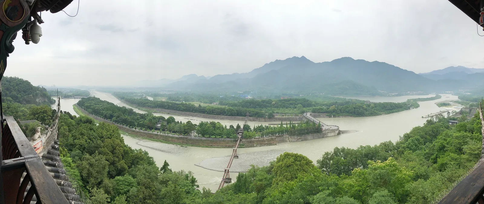 The Min River splitting at the Dujiangyan irrigation system, seen from above