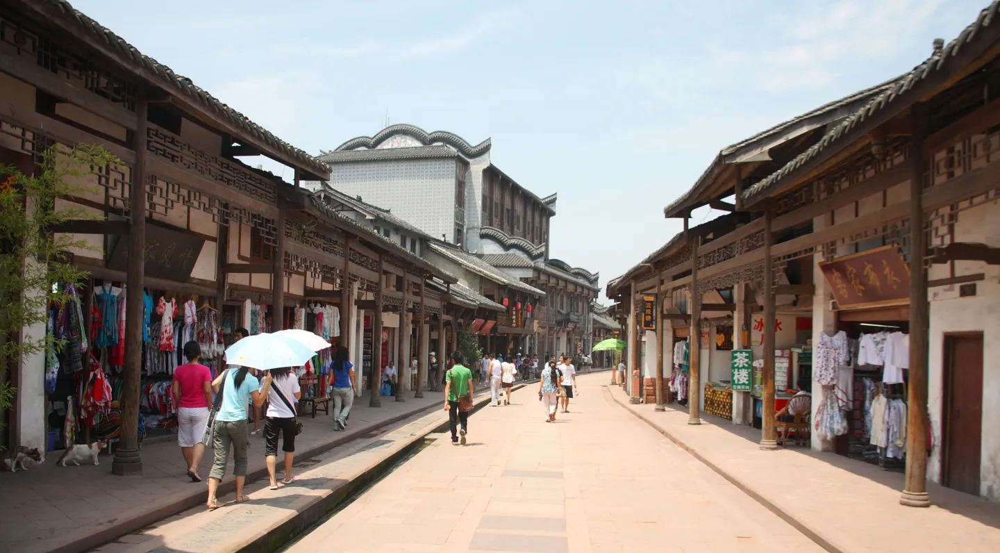 Main street of wooden shopfronts in Luodai Hakka town