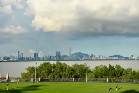Lawn and waterfront of Shenzhen Bay Park looking across the bay