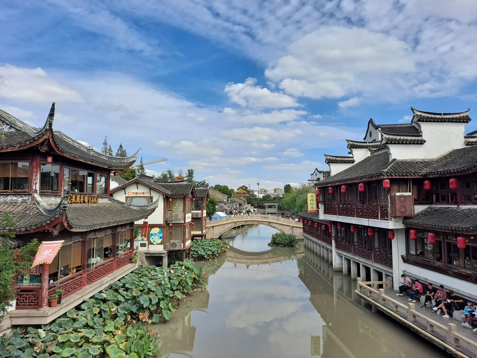 Canal lined with old wooden houses in Qibao Old Town