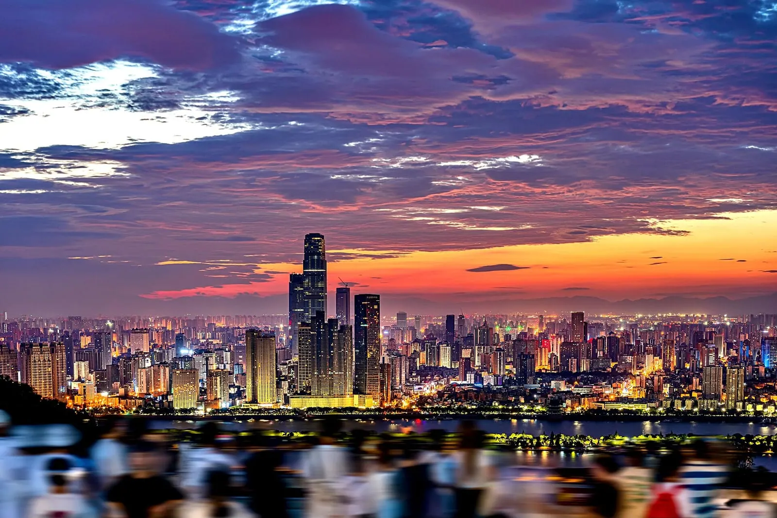 Changsha skyline at dusk seen from Yuelu Mountain