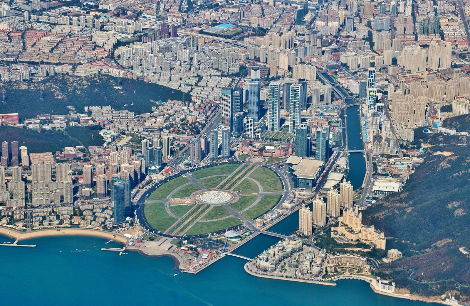 Aerial view of Xinghai Square and Dalian’s seafront skyline