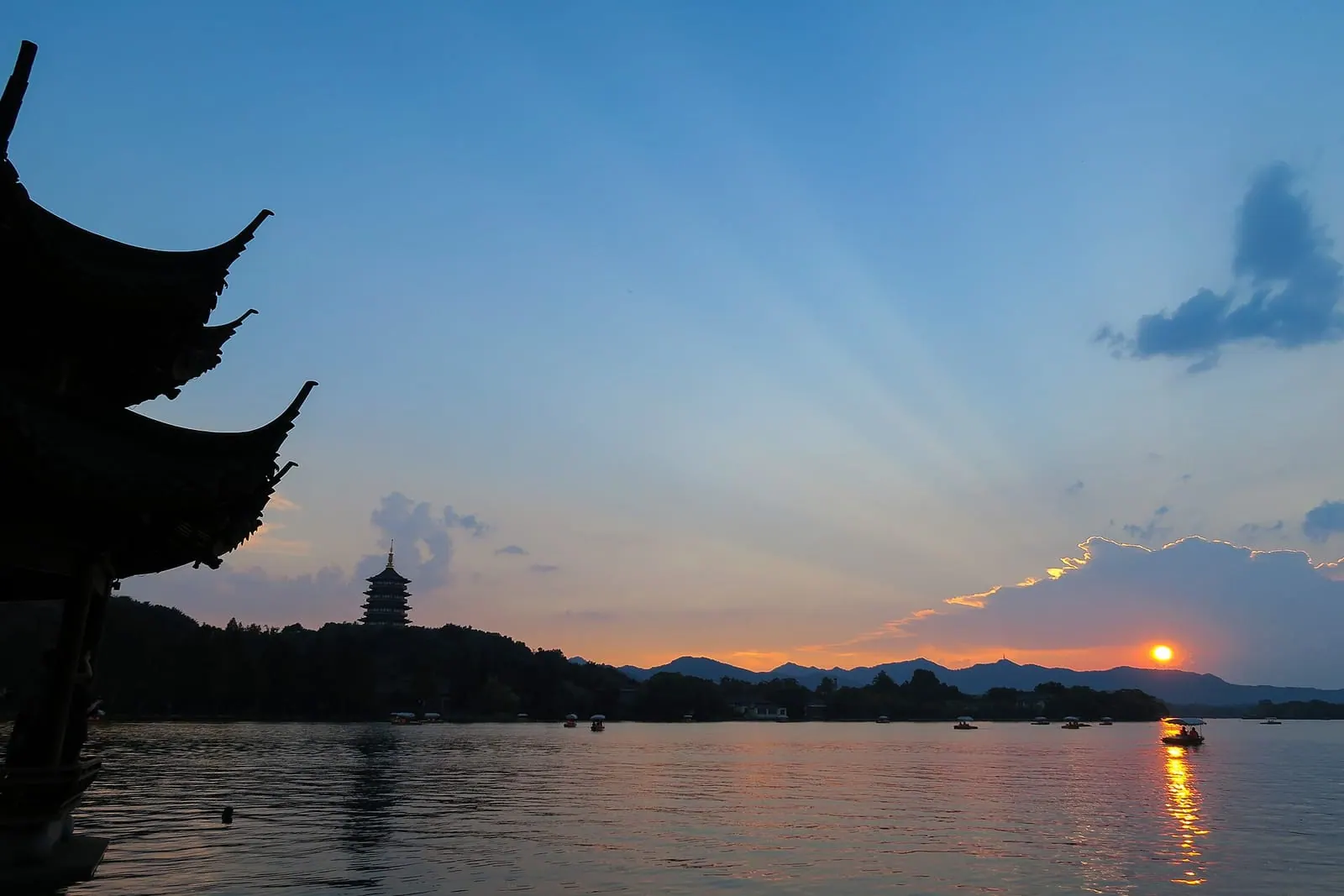 Sunset over West Lake with Leifeng Pagoda on the hill, Hangzhou