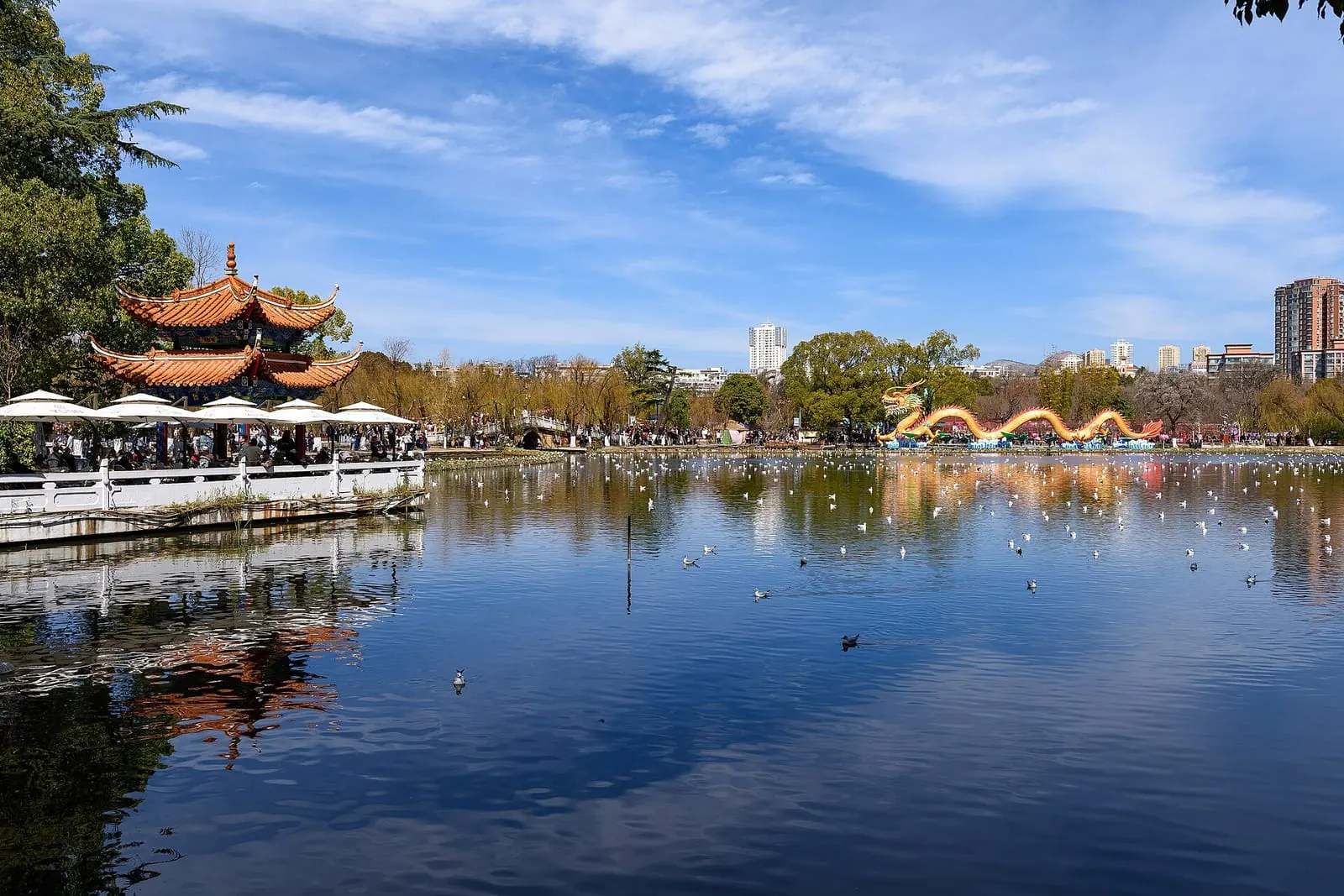 Green Lake (Cuihu) Park in Kunming under blue sky